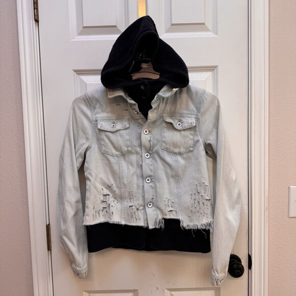 Free People Womens Hoodie Layered Lightwash Denim Jacket M Boho Urban Distressed - Picture 2 of 9